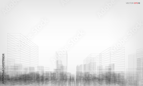 Wireframe city background. Perspective 3D render of building wireframe. Vector.