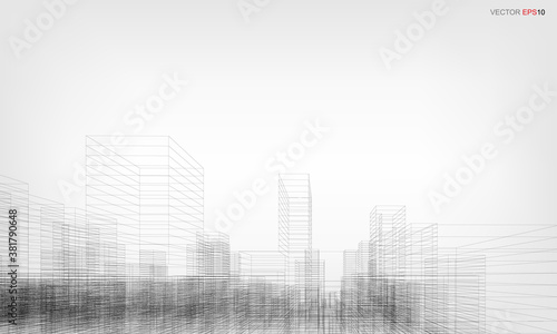 Wireframe city background. Perspective 3D render of building wireframe. Vector.