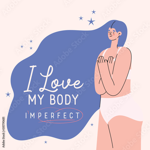 i love my body imperfect perfect plus size woman cartoon in underwear vector design