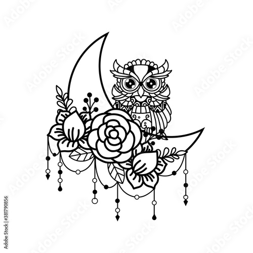 Owl and crescent moon illustration
