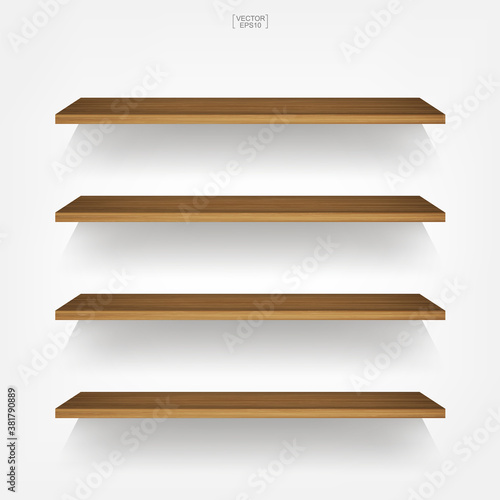 Empty wood shelf on white background with soft shadow. Vector.