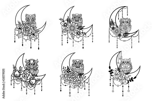 Set of owl and crescent moon illustration