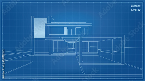 Blueprint Perspective. 3D render of tropical house wireframe. Vector illustration of house construction.