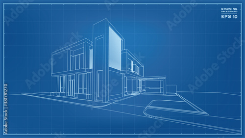 Blueprint Perspective. 3D render of tropical house wireframe. Vector illustration of house construction.