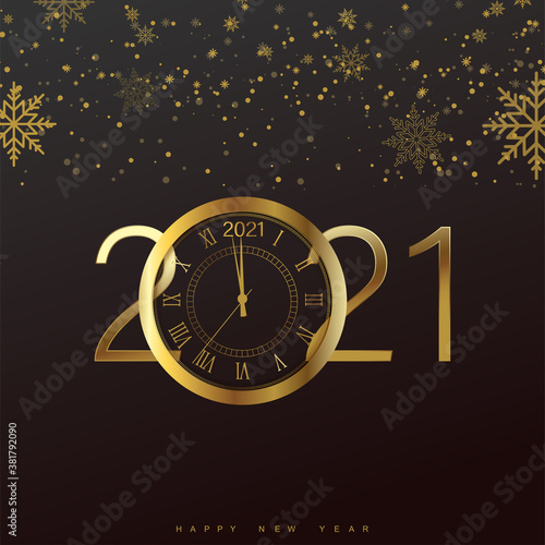 Happy 2021 Year card with golden watch and snowflakes on black background. Vector.