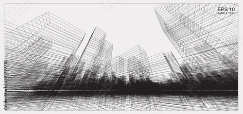 Perspective 3D render of building wireframe. Abstract wireframe city background of building. Vector.