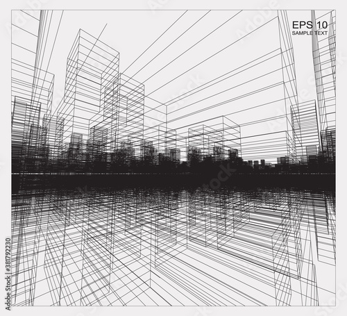 Perspective 3D render of building wireframe. Abstract wireframe city background of building. Vector.