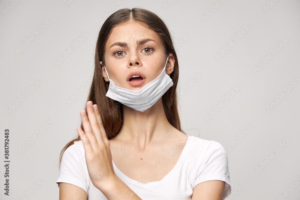 Woman in medical mask open mouth emotions Look forward 