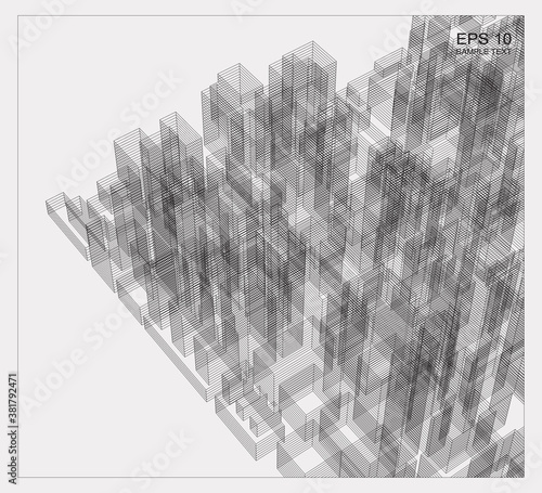 Abstract matrix wireframe space of building. 3D Perspective wireframe background. Vector.