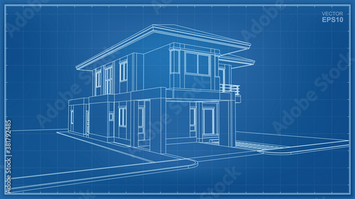 3D perspective wireframe of house exterior. Vector.