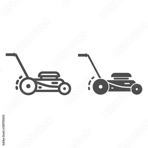 Lawn mower line and solid icon, Garden and gardening concept, lawnmower sign on white background, lawn mower icon in outline style for mobile concept and web design. Vector graphics.