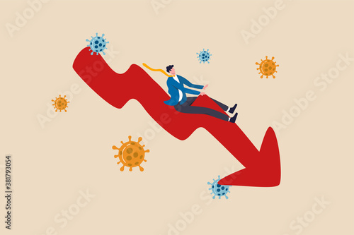 Stock market plunge, business bankrupt or economic recession due to Coronavirus outbreak COVID-19 pandemic concept, depressed businessman riding down turn red arrow economics graph with virus pathogen
