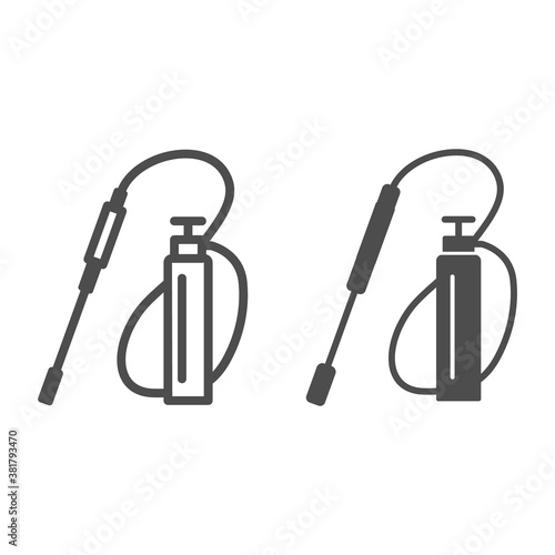 Garden sprayer line and solid icon, Garden and gardening concept, insecticide spray sign on white background, farm sprayer icon in outline style for mobile concept and web design. Vector graphics.