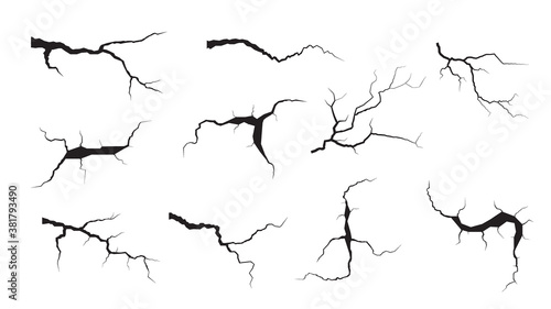 Ground cracks set. Earthquake and ground cracks, hole effect, craquelure and damaged wall texture. Vector illustrations can be used for topics earthquake, crash, destruction.