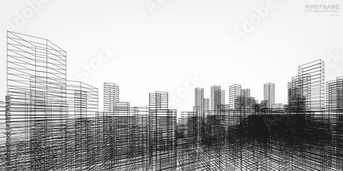 Wireframe city background. Perspective 3D render of building wireframe. Vector.