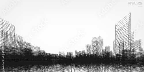 Wireframe city background. Perspective 3D render of building wireframe. Vector.