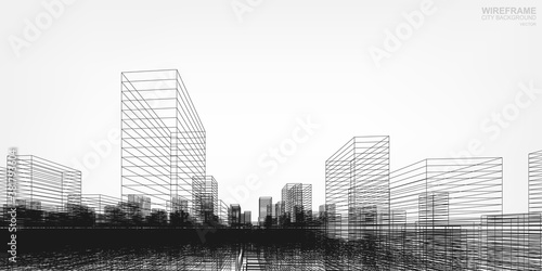 Wireframe city background. Perspective 3D render of building wireframe. Vector.