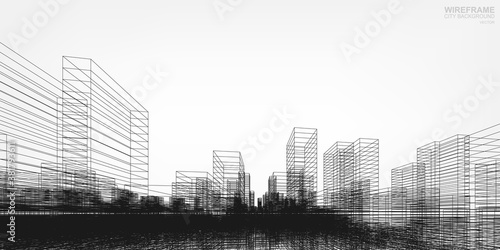 Wireframe city background. Perspective 3D render of building wireframe. Vector.