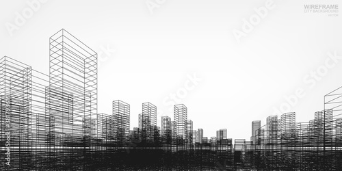 Wireframe city background. Perspective 3D render of building wireframe. Vector.