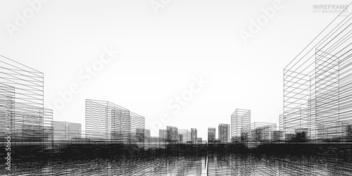 Wireframe city background. Perspective 3D render of building wireframe. Vector.