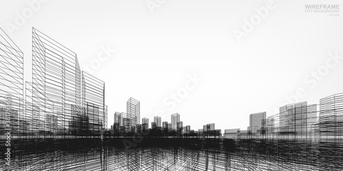 Wireframe city background. Perspective 3D render of building wireframe. Vector.
