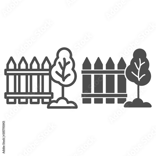 Fence and tree line and solid icon, Garden and gardening concept, Garden sign on white background, Fruit tree behind wooden fence icon in outline style for mobile concept, web design. Vector graphics.