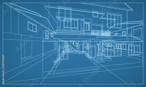 3D perspective render of building wireframe structure. Abstract construction graphic idea. Vector.