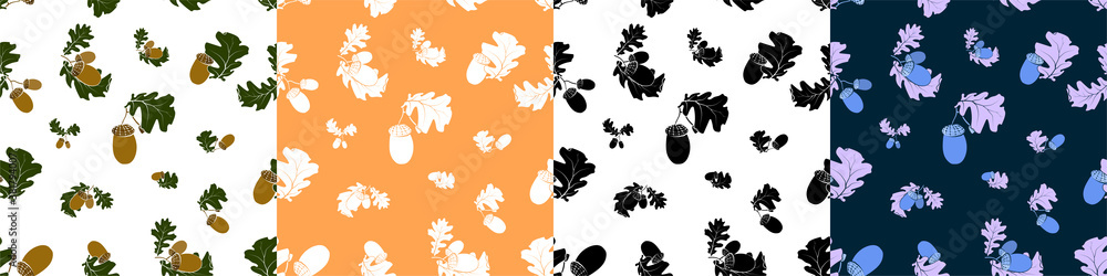 Set of seamless patterns with oak autumn leaves and acorns. Oak Grove. Color vector in minimal style for textiles