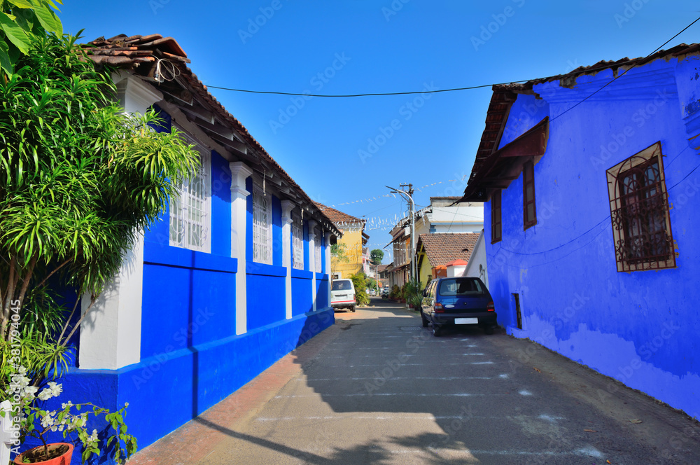 Blue coloured houses in the old town of Panaji, Goa - obrazy, fototapety, plakaty 
