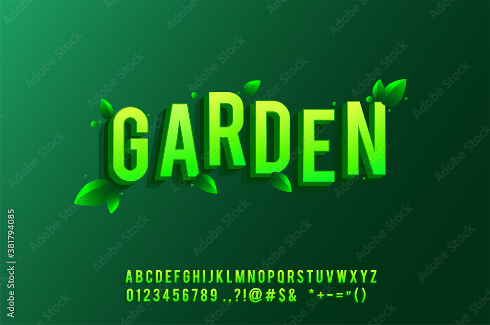 Modern alphabet with green gradient and Shadow Effect, with green leaf, fresh and nature background.