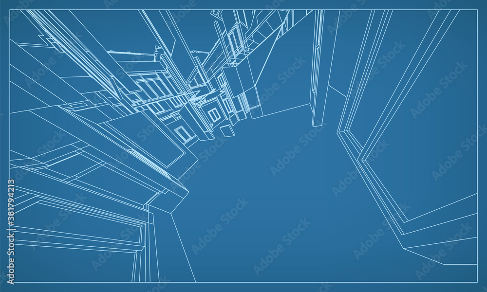 Fototapeta premium 3D perspective render of building wireframe structure. Abstract construction graphic idea. Vector.