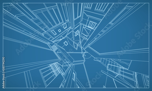 3D perspective render of building wireframe structure. Abstract construction graphic idea. Vector.