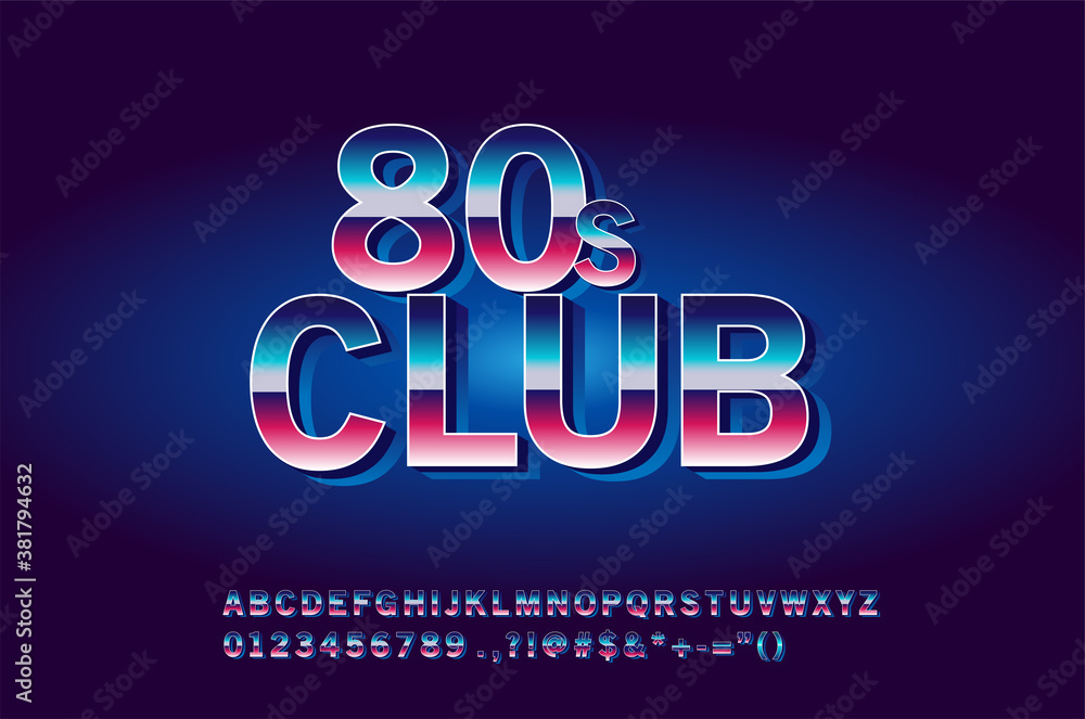 80s Disco alphabet font. Futuristic metal chrome letters. Bright Alphabet on dark background. Light Symbols Sign for night show in club. concept of galaxy space. Set of types.