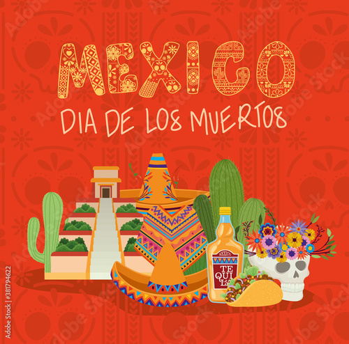 icon set and mexico day of the dead on red background vector design