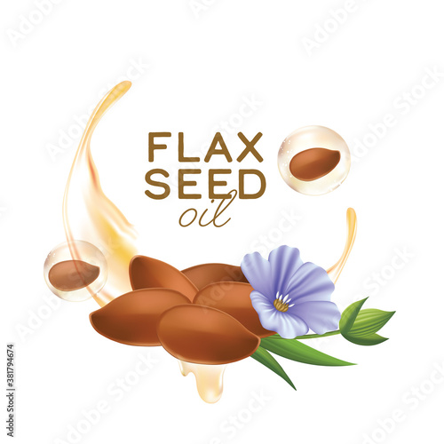 linseed oil, flaxseed and flowers vector illustration
