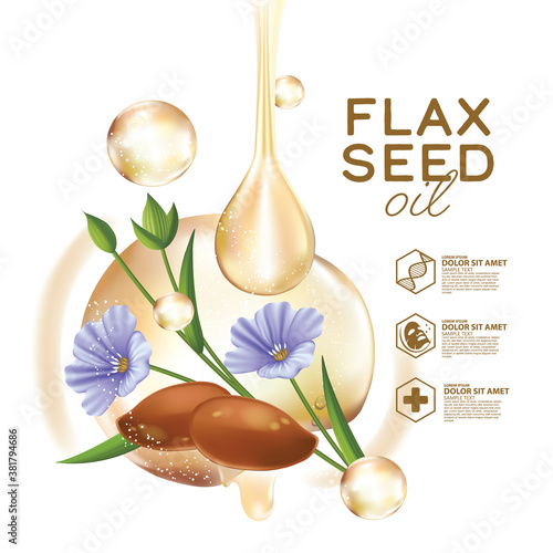 linseed oil, flaxseed and flowers vector illustration