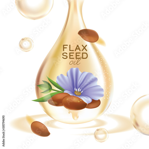 linseed oil, flaxseed and flowers vector illustration
