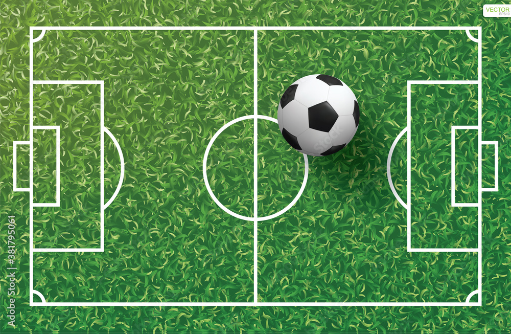 Soccer football ball on green grass of soccer field pattern and texture background. Vector. Soccer football ball on green grass of soccer field pattern and texture background. Vector.