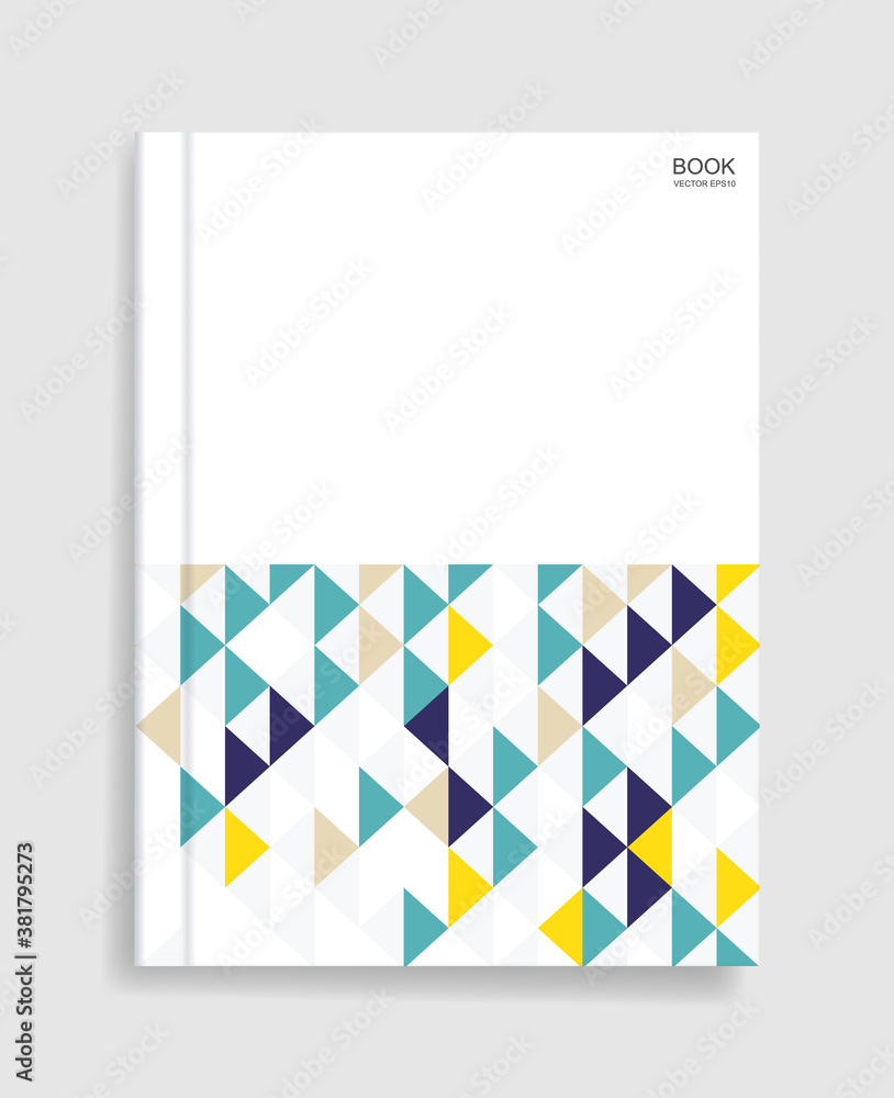 Magazine book template background with cover of colorful geometric pattern and soft shadow. Vector.