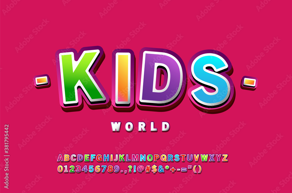Cute Font for Kids. Cute 3D Font style. Gradient color Glossy Alphabet Letters, Numbers and Symbols.