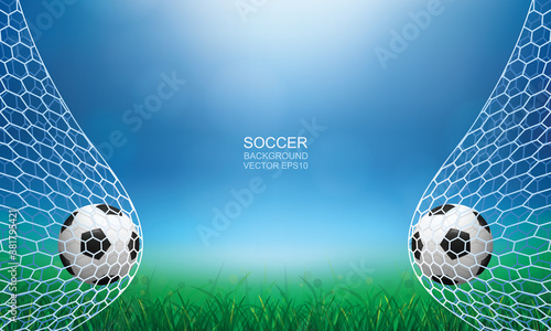 Soccer ball in goal. Football ball and white net with light blurred bokeh background. Vector.