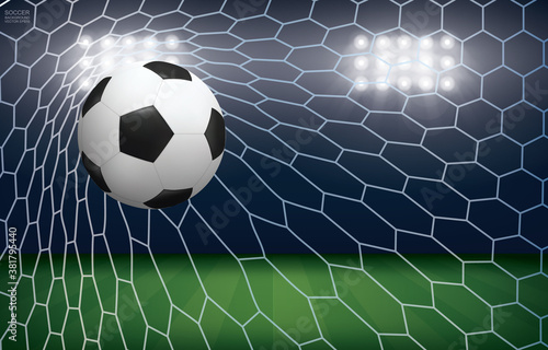 Soccer ball in goal. Football ball and white net in soccer field stadium background. Vector.