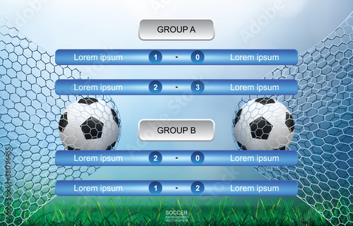 Match schedule background for soccer football cup with green grass field and light blurred bokeh background. Soccer football tournament schedule. Vector.