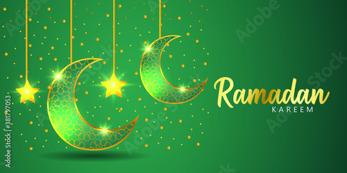 Green background design about the month of Ramadan. A crescent moon with a star that lights up at night. Vector illustration design.