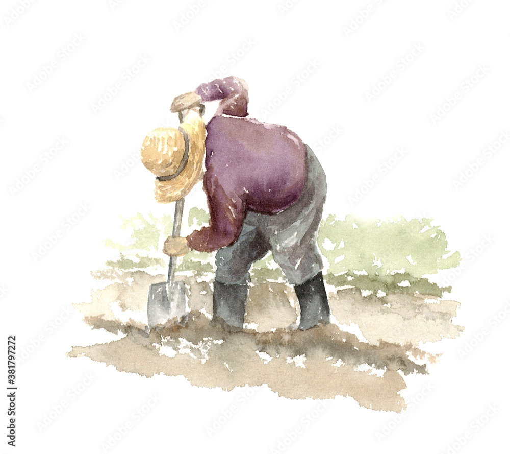 畑を耕す人 水彩画 Stock イラスト Adobe Stock
