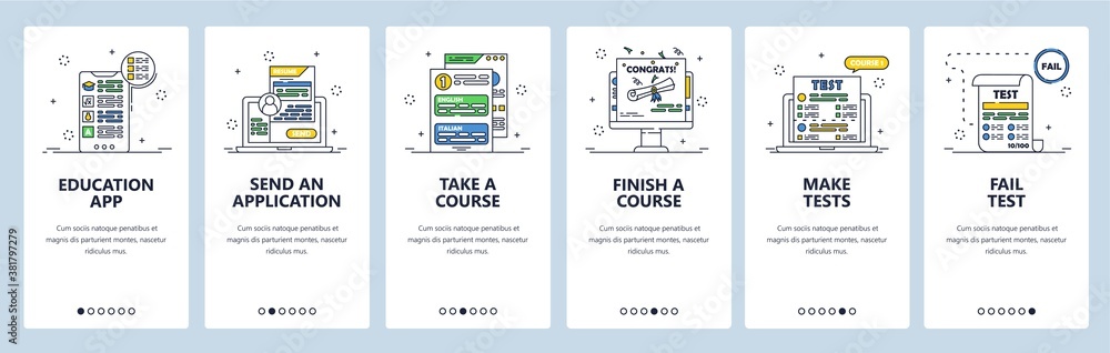 Naklejka premium Online courses and tests, e-learning, distance education. Mobile app onboarding screens, vector website banner template.