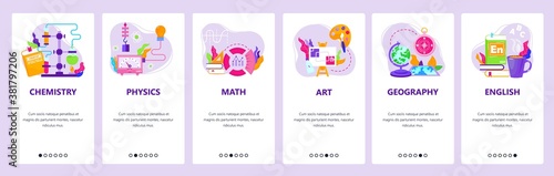 Study subjects chemistry, physics, math, art, geography, english. Mobile app screens, vector website banner template.