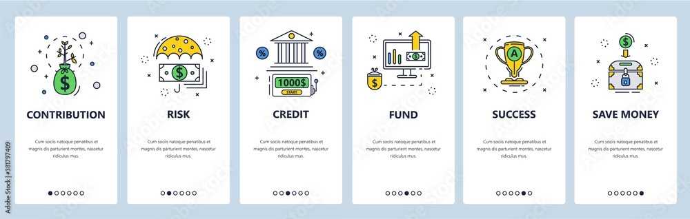 Money contribution, risk and success. Bank loan. Money savings. Mobile app screens, vector website banner template. - obrazy, fototapety, plakaty 