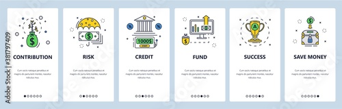 Money contribution, risk and success. Bank loan. Money savings. Mobile app screens, vector website banner template.