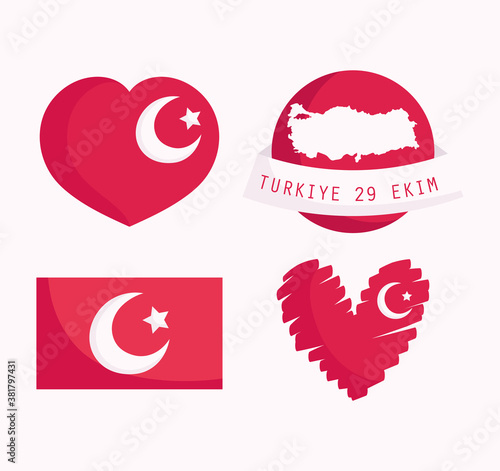 turkey republic day, set wold map heart and flag icons